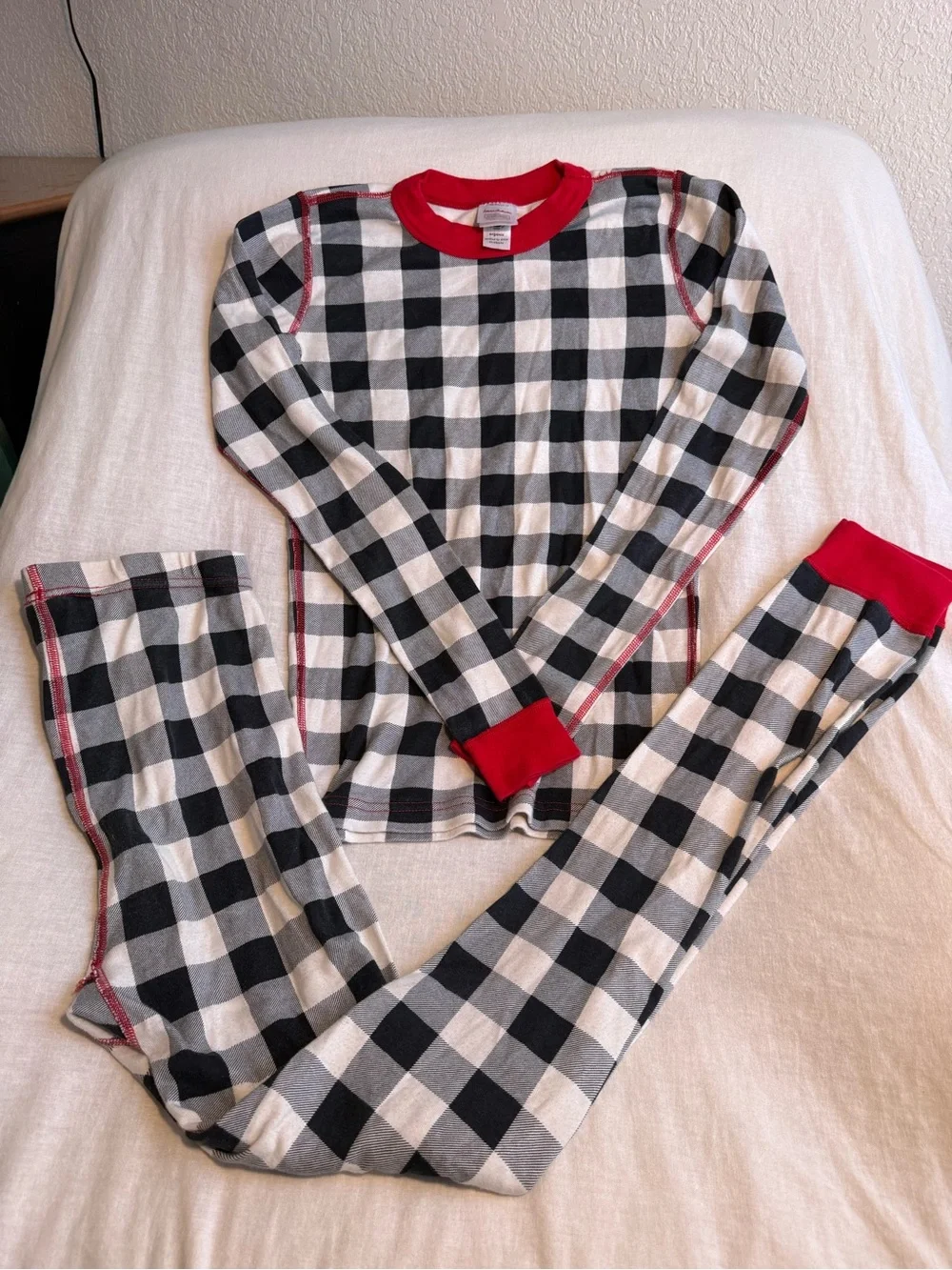 Hanna Anderson Kids Black & White Buffalo Plaid Pajama Set with Red Trim